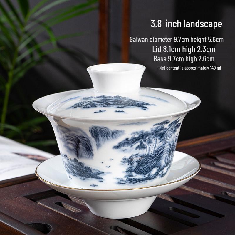 Chaozhou Blue and White Porcelain Gongfu Tea Set: Gaiwan, Mini Tea Cup, and Bowl
