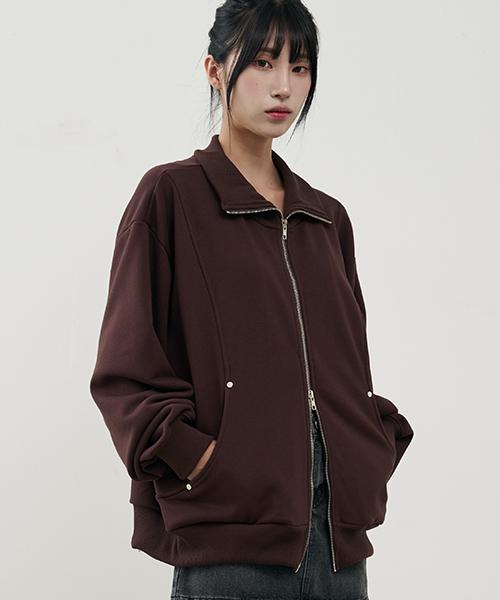 Arrayed Comfy Rivet High Neck Sweat Zip-Up [Brown]