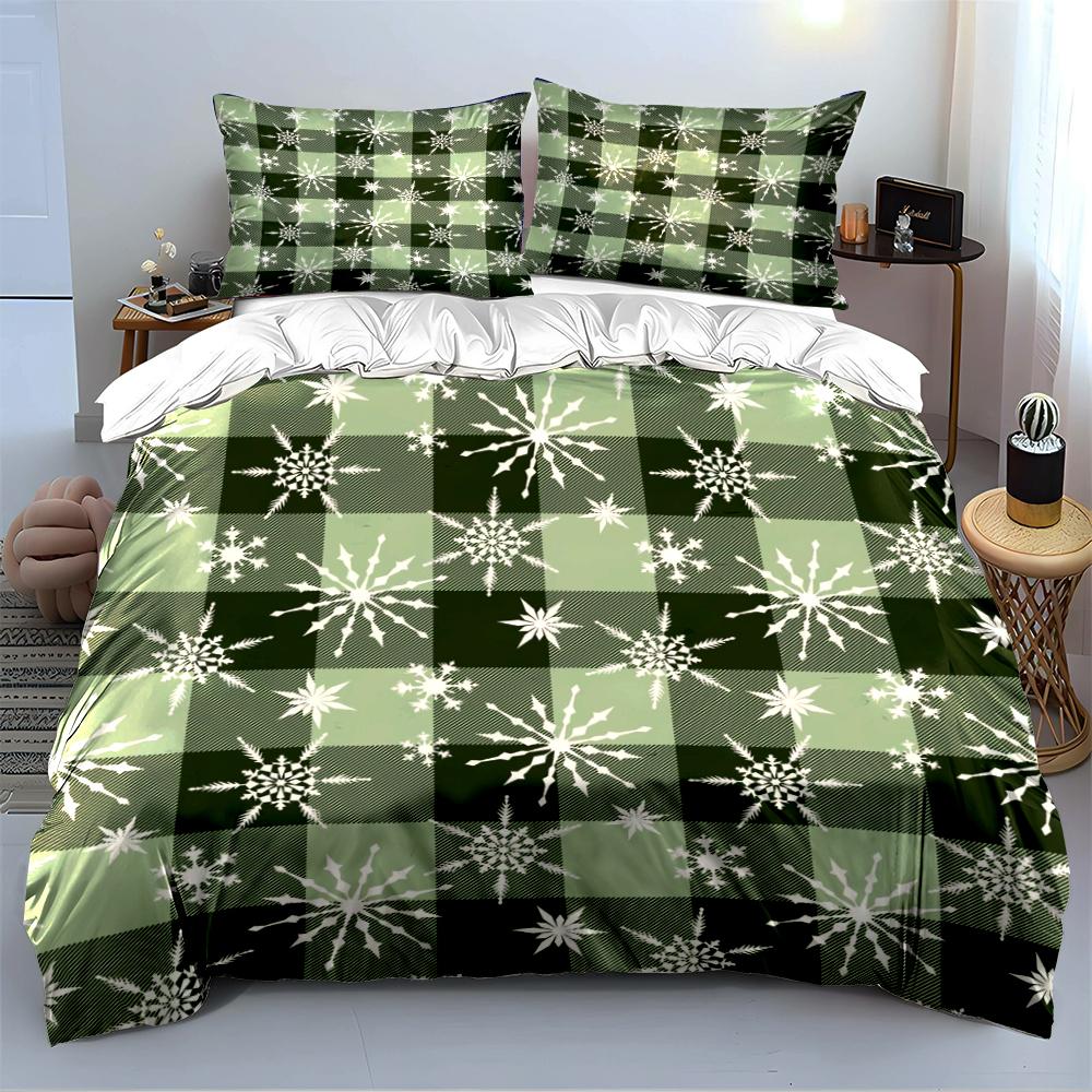 Green Plaid Snowflake Pattern Bedding Set Bedding set (1 duvet cover, 2 pillowcases, duvet not included)