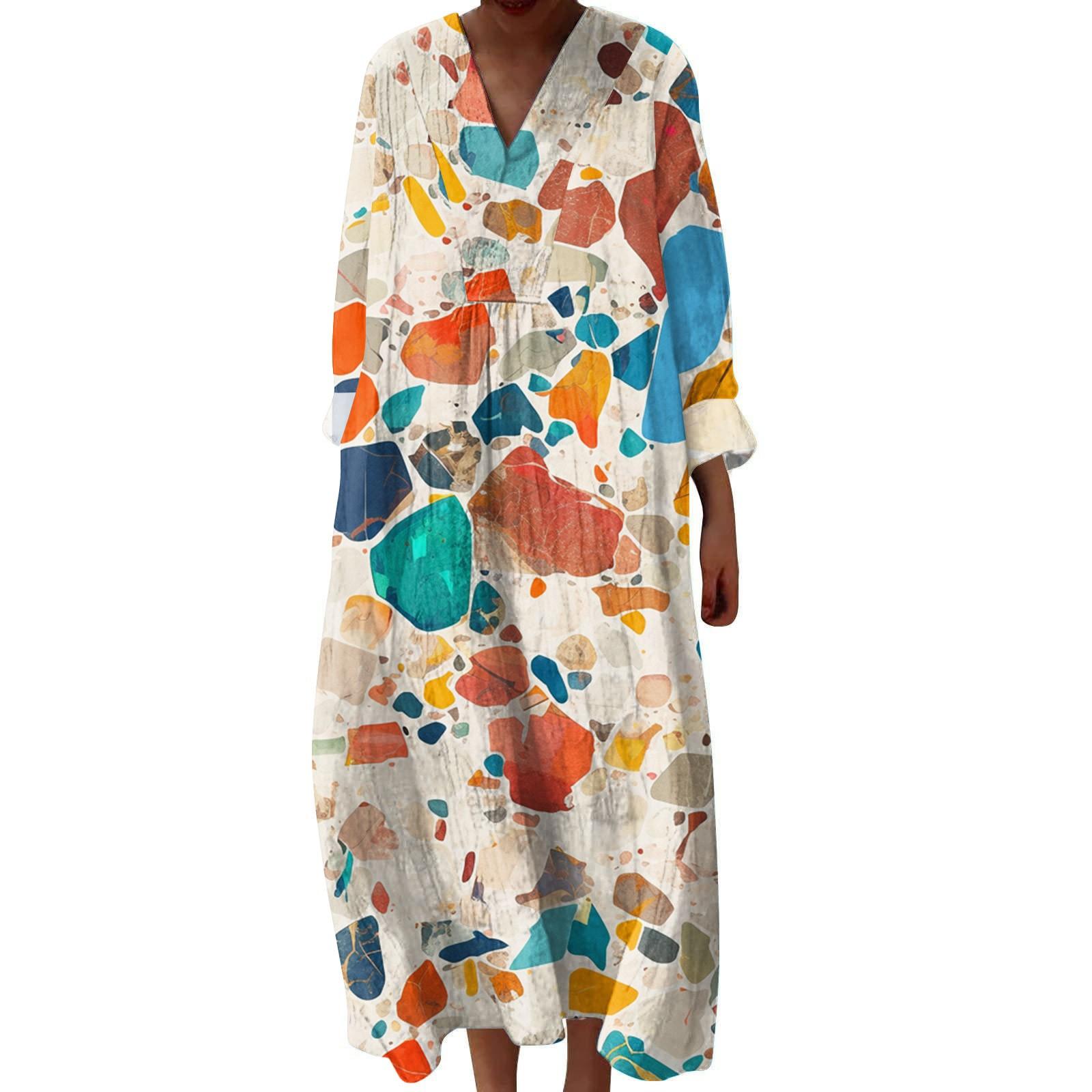 

Женское повседневное и модное платье с V-образным вырезом и цветочным принтом, с длинным рукавом M шафрановый