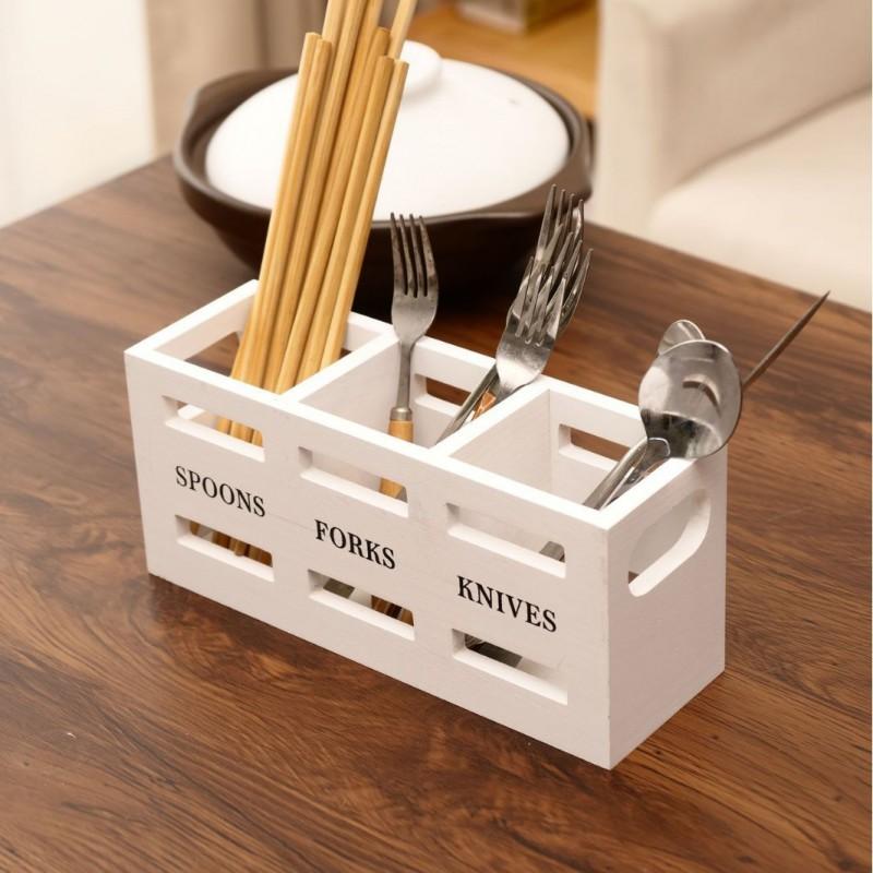 Wooden Cutlery Organizer Box Kitchen Countertop - Minimalist Solid Wood Storage Tray Spoons Forks Knives