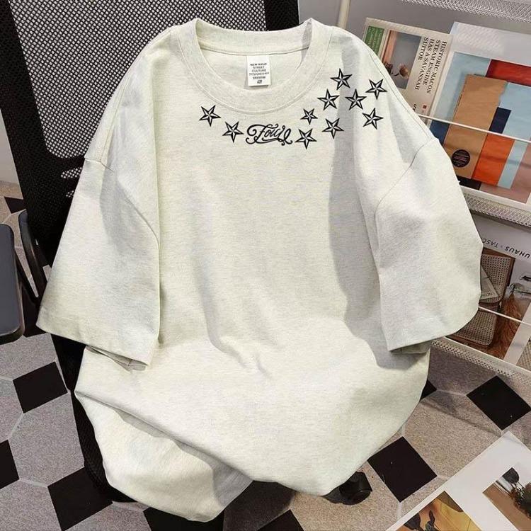 

Large Size Cotton T-shirt Women Summer Top Casual Printed Round Neck Loose Pullover S бежевый