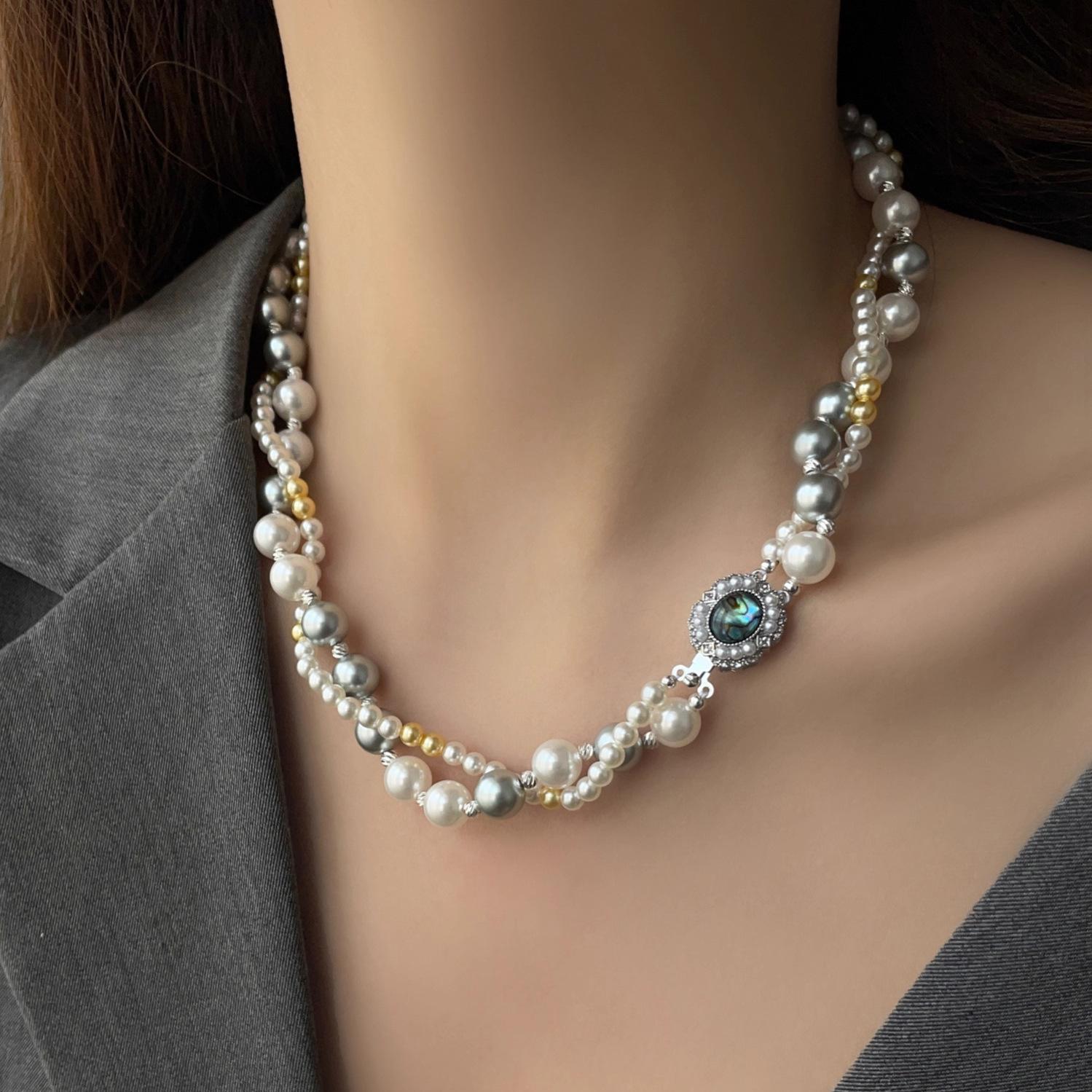 

Design Sense Double Layer Color Autumn and Winter Pearl Atmosphere Premium Sense Sweater Chain Women s Necklace Clavicle Chain