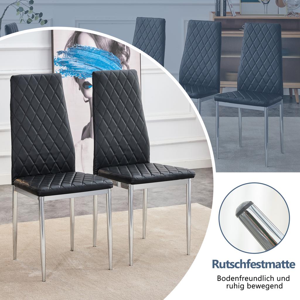 Set di 4 sedie da pranzo, nere, ecopelle PU con motivo a rombi, gambe in metallo, sedia moderna per cucina, soggiorno, caffè e ufficio domestico