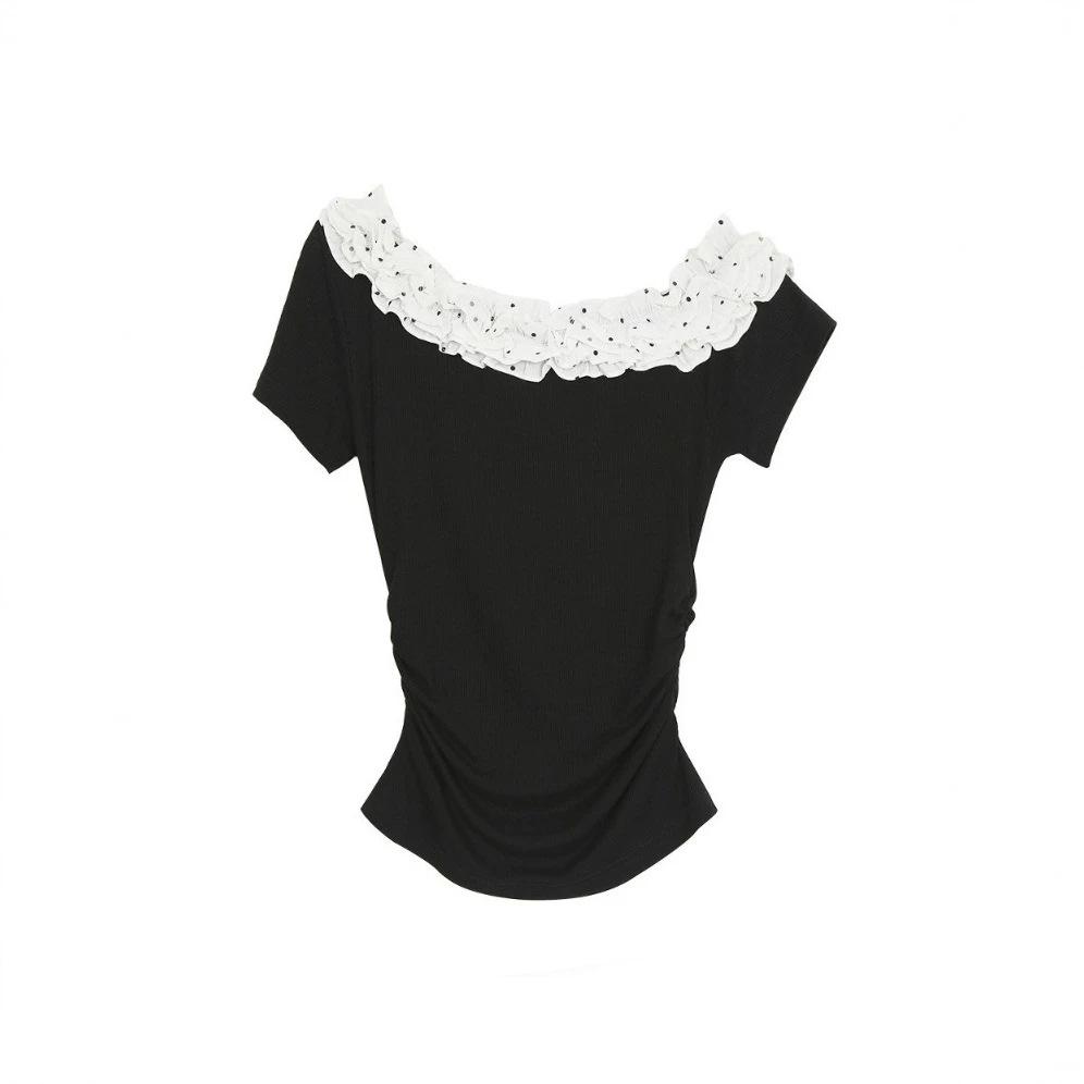 Korean Pure Desire Wind Slanted Shoulder Short-sleeved T-shirt Women's Summer New Design Sense Chic Fungus Edge Foreign Style Top