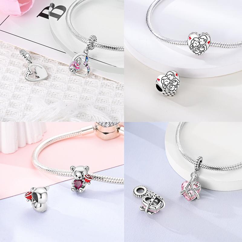 Original Silber Mutter Geschenk Charms Rosa Herz Liebe Mama Anhänger Familie Perlen Passend Armband DIY Geschenke Für Frau Schmuck