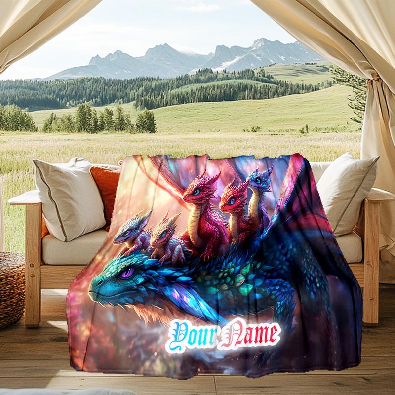 1PC Custom Name Fantasy Dragon Parade flannel blanket versatile,all-season throw suitable for the living room,bedroom,camping,travel,and gift
