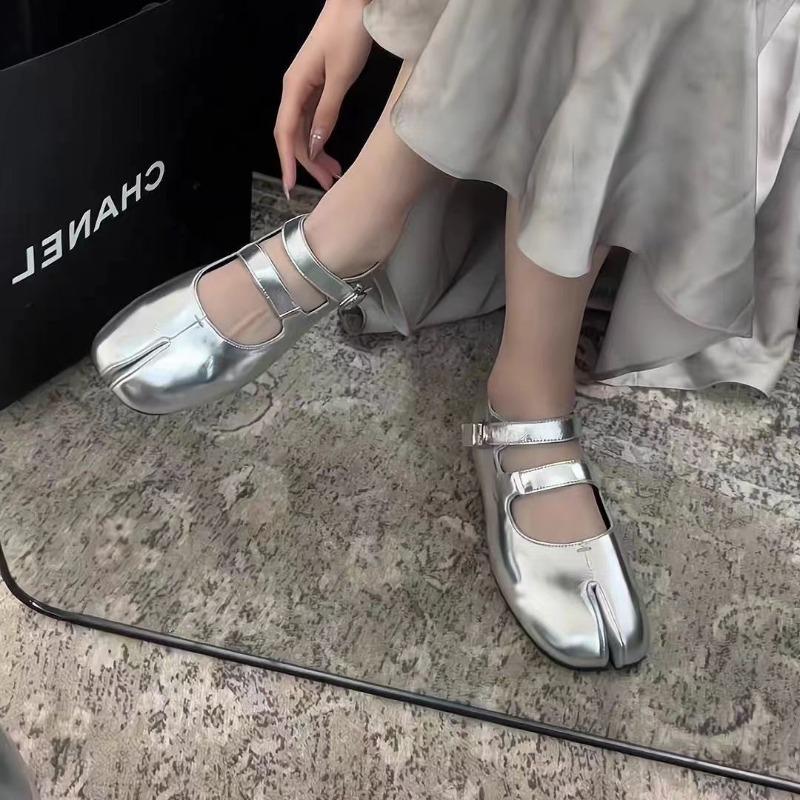 Cowhide version~ New split-toed Mary Jane silver single shoes women's cloud ballet shoes flat grandma shoes