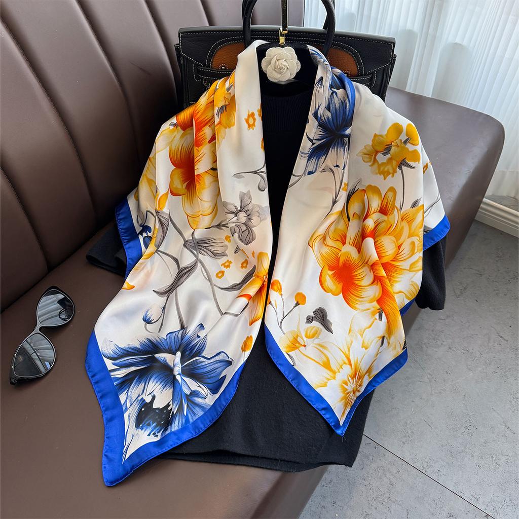 90×90Cm  Satin Shawl Design Flowers Silk Square Women Neck Scarves Wrap Headkerchief Beach Hair Band Women'S Bandana
