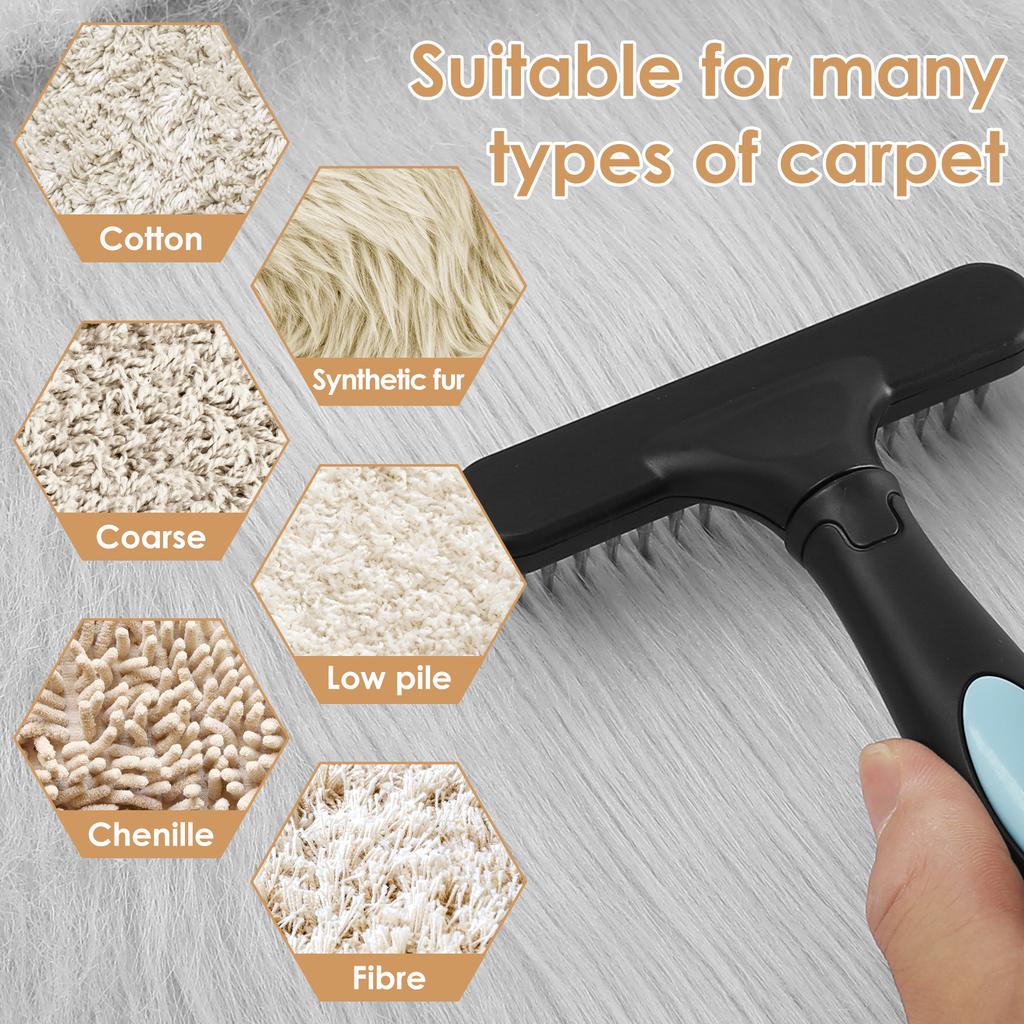2 Peças Rastelo de Carpete com Cabo Dentes de 2 Fileiras Escova de Tapete Manual Escova de Limpeza de Pelos de Animal Ferramenta Ergonômica para Restauração de Carpete Fofo