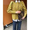 A New Spring Women's Fashion Striped Printed Buckle-decorated Puffed-sleeve Top