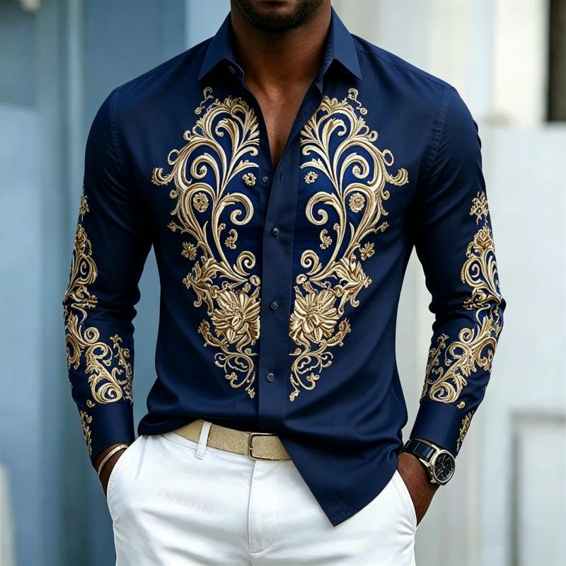 Camicia da uomo, top a maniche lunghe stile palazzo di lusso leggero, top con design a contrasto blu oro, abbigliamento uomo business casual
