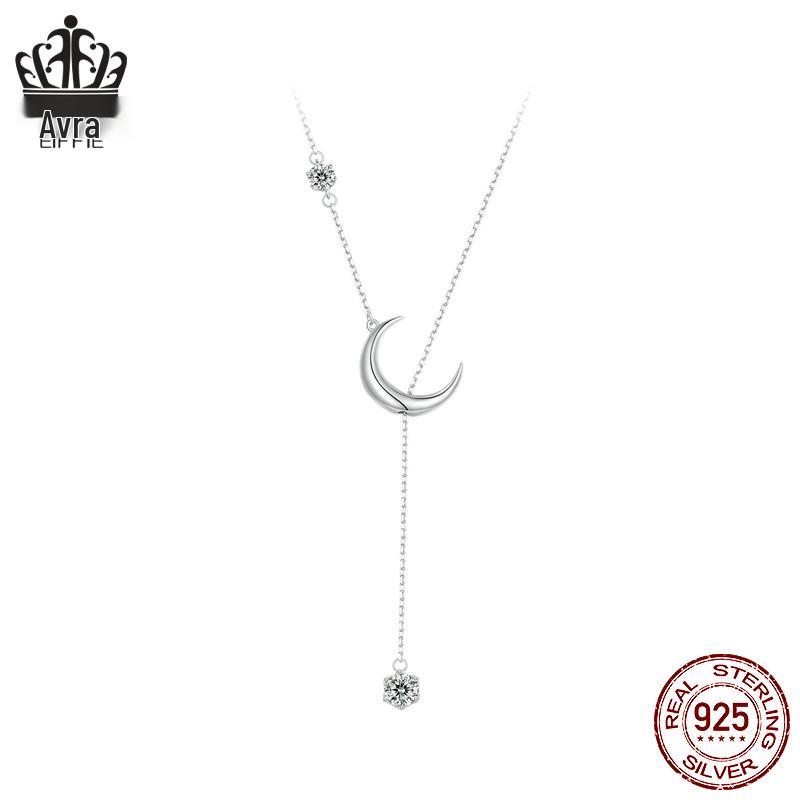 Everle Minimalist Moon Y Necklace: S925 Sterling Silver, Rhodium-Plated, Zircon Adorned Versatile Jewelry for Women.