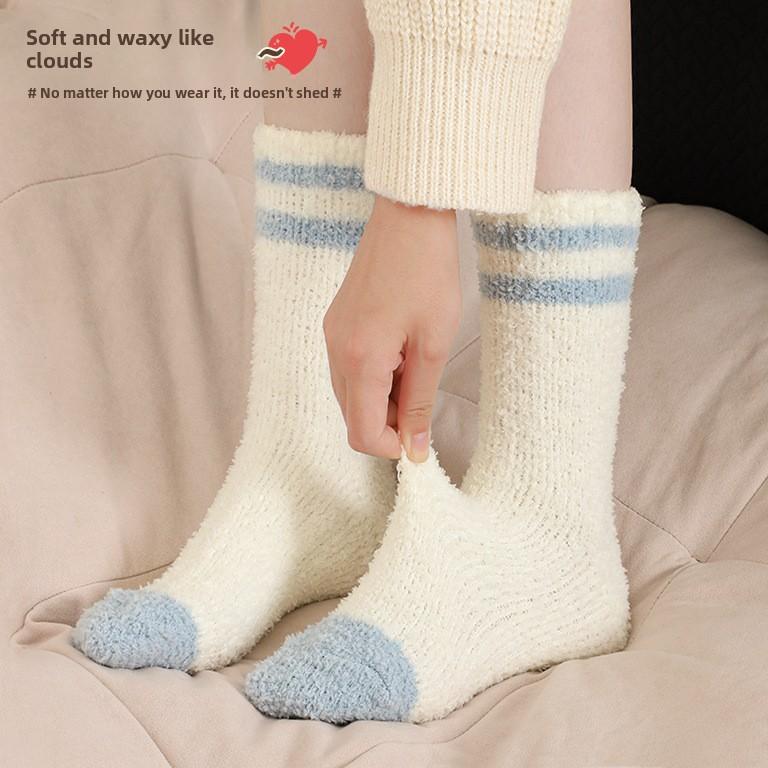 Female Winter Plus Velvet Warm Sports Home Floor Sleep Two Bar In Tube Socks