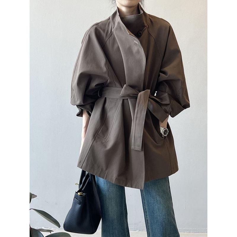 Women's British Style Retro Trench Coat with Stand-Up Collar - Tie Waist, Mid-Length, Petite Fit, Loose Outerwear for Spring & Autumn.