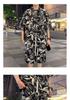 ZY30 Men's Summer Tie-dye Ice Silk Floral Two-piece Casual Set with Short-sleeved Shirt and Shorts