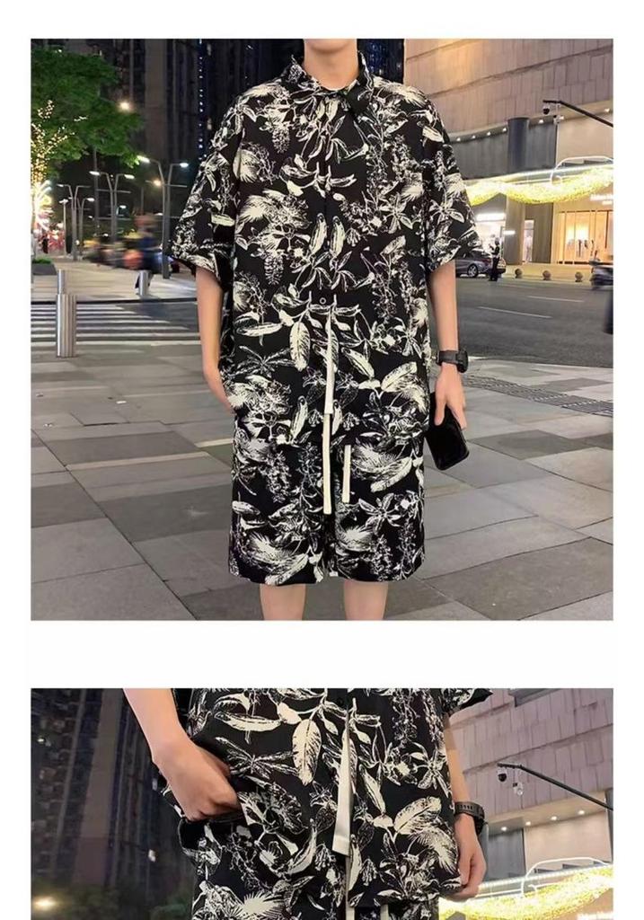 ZY30 Men's Summer Tie-dye Ice Silk Floral Two-piece Casual Set with Short-sleeved Shirt and Shorts