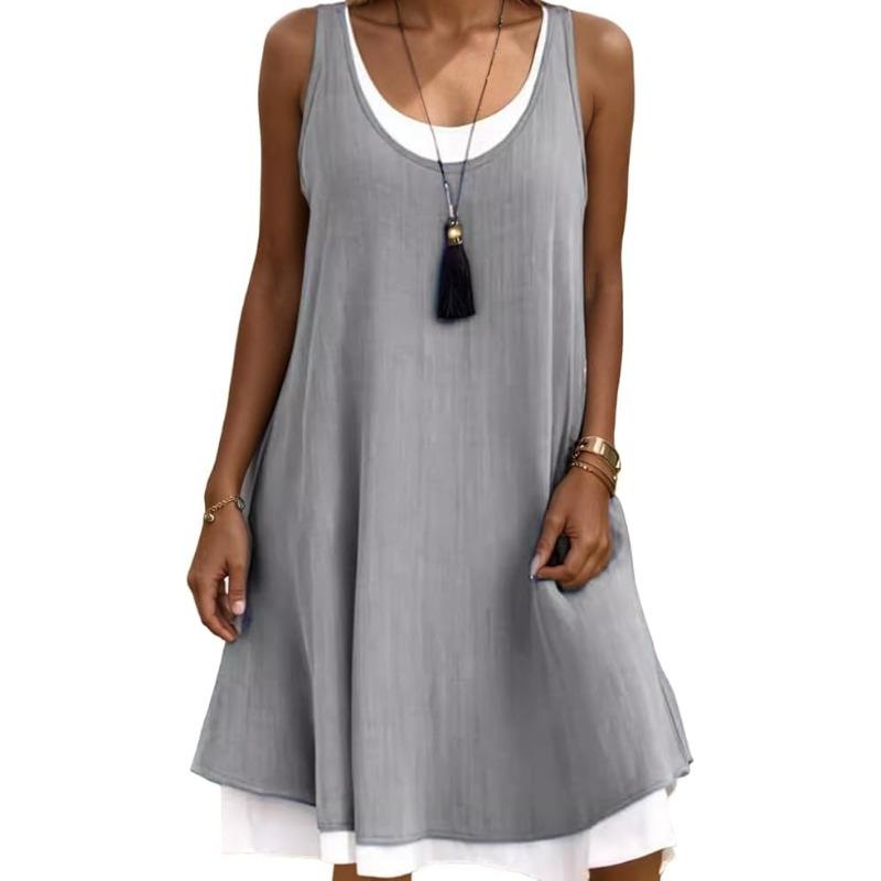 Damenmode, Sommer, Frühling, einfarbig, ärmellos, O-Ausschnitt, Freizeitkleider