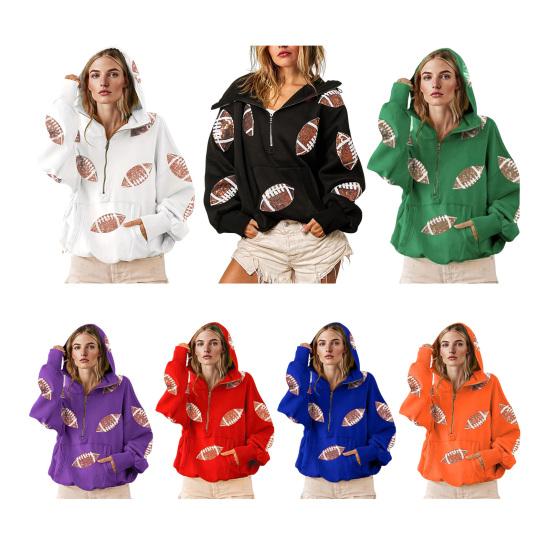 Hooded Sweatshirt for Women Half Zip Oversized Hoodies with Sequin Rugby Print Fall Casual Pullover Tops with Pockets