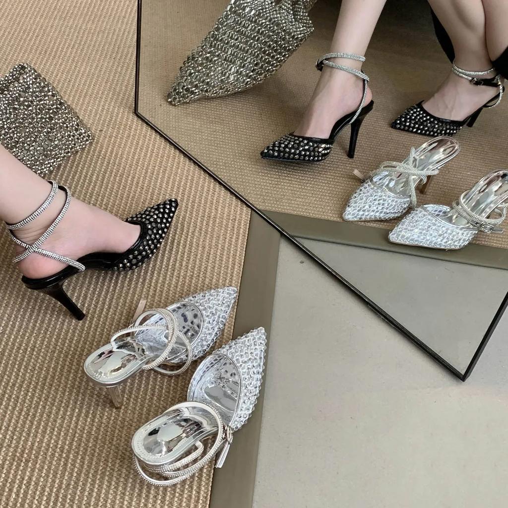 Mode Eilyken Sexy Kristallnieten Damen Pumps Sexy Spitzschuh Schnallensandalen Elegant Dünne Absätze Party Abschlussball Pantoletten Schuhe