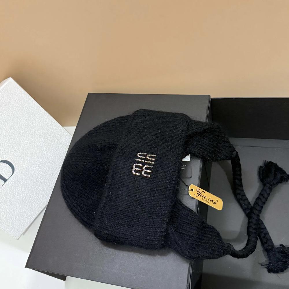 Winter Hot Diamond Rabbit Wool Knitted Warm Ear Protection Hat Outdoor Light Luxury Wool Hat Fashionable Letter Cold Hat