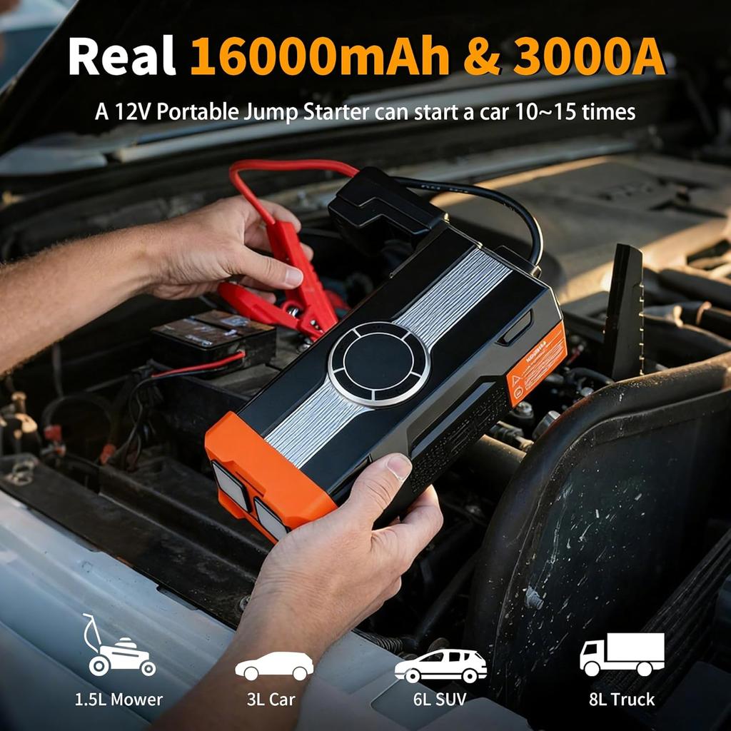 Portable 1000A Jump Starter with Air Compressor, 12V Car Battery Jumper, 150PSI Inflator & LED Light (MOBE-C01)