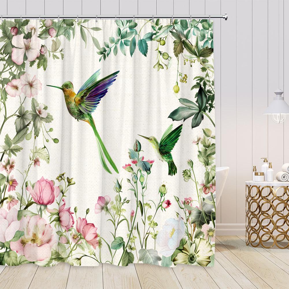 Květinové sprchové závěsy s kolibříky Ptáci Kvetoucí květy Barevný květ Zeleň Rostliny Moderní jarní koupelnová dekorace