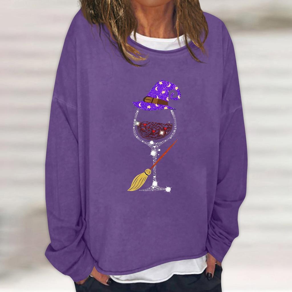 Dam Casual Mode Vintage Tryckt Långärmad O-Hals Sweatshirt Lager Pullover Topp