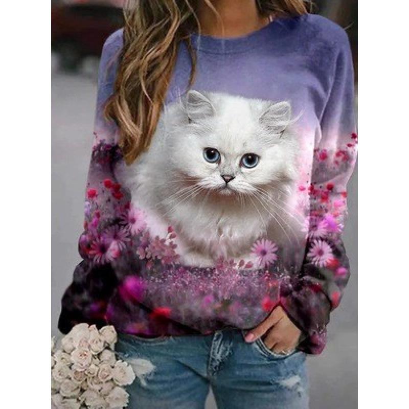 Höst 3D Katt Tryckta Sweatshirts Trendiga Casual Sport Långärmade Dam Sweatshirts