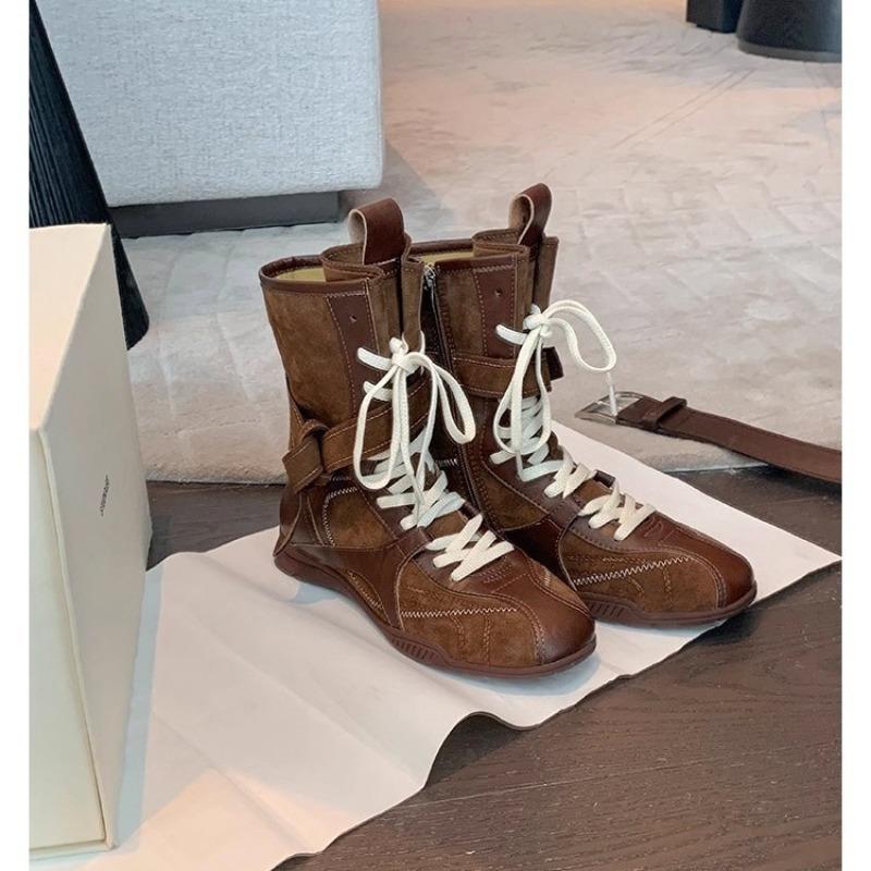 Retro Boxing Boots Women's Winter Cotton Shoes New Medium Boots Velvet Martin Boots Maillard Western Boots Platform Short Boots