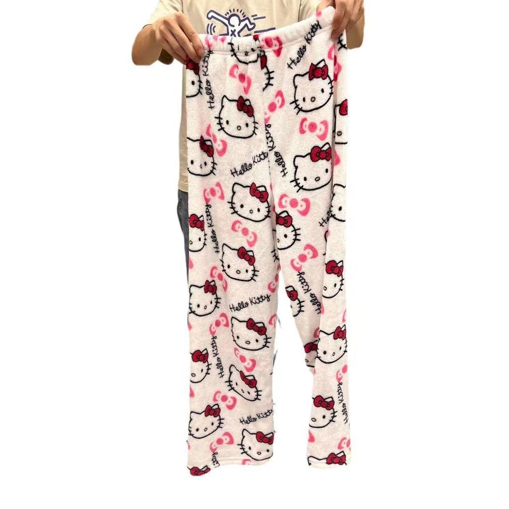 Cartoon Kat Flanellen Pyjamabroek Dames Winter Koraal Fleece Dik Warm Loungewear Huisbroek