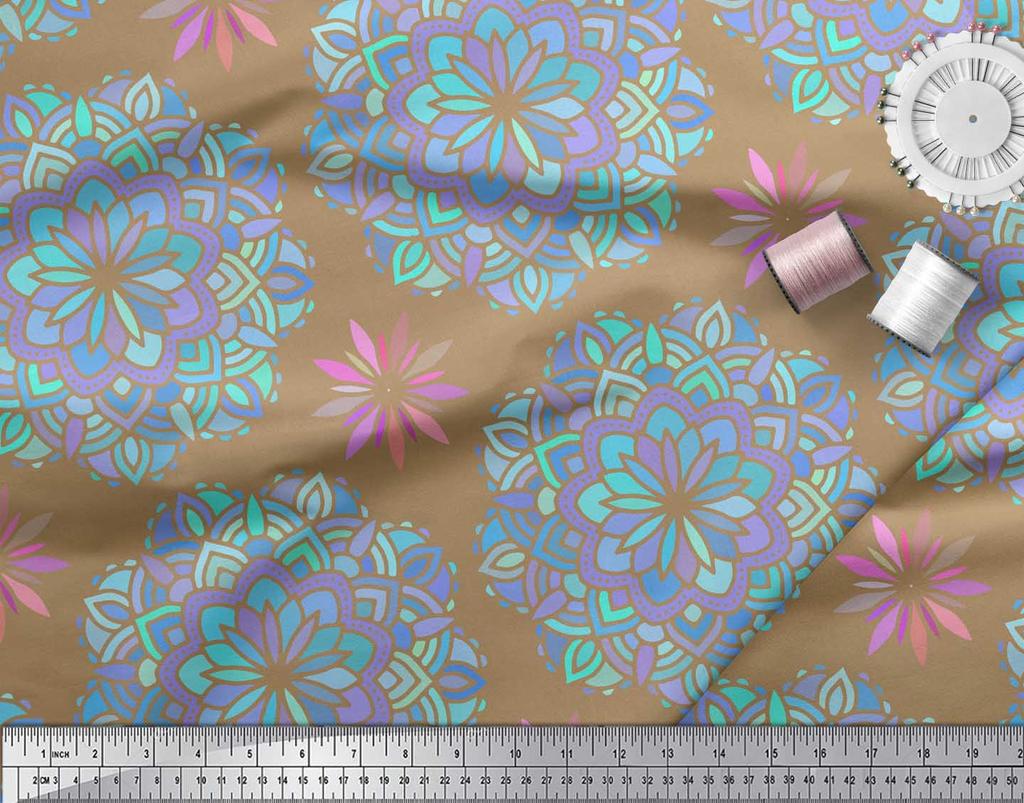 Soimoi Red Japan Crepe Satin Fabric Blue Mandala Printed Fabric 1 metre 42 Inch