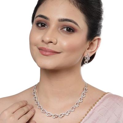 Rhodium-Plated with Silver-Toned White Cubic Zirconia & American Diamond Studded Necklace and Drop Earrings Jewellery Set for Women