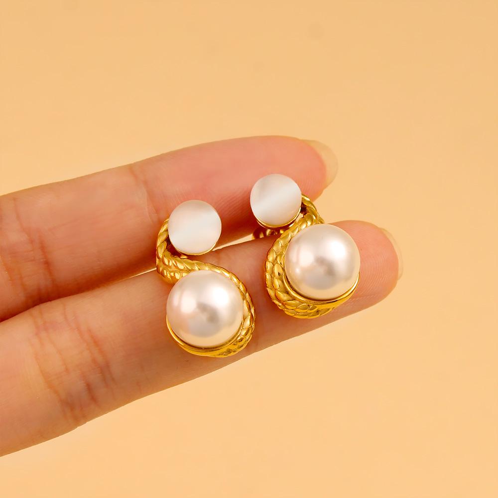 French Style Pearl Spiral Wave Titanium Steel Earrings