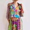 2025 New Personalized Graffiti Casual Two-piece Set Satin Printing Long-sleeved Shirt + Skirt