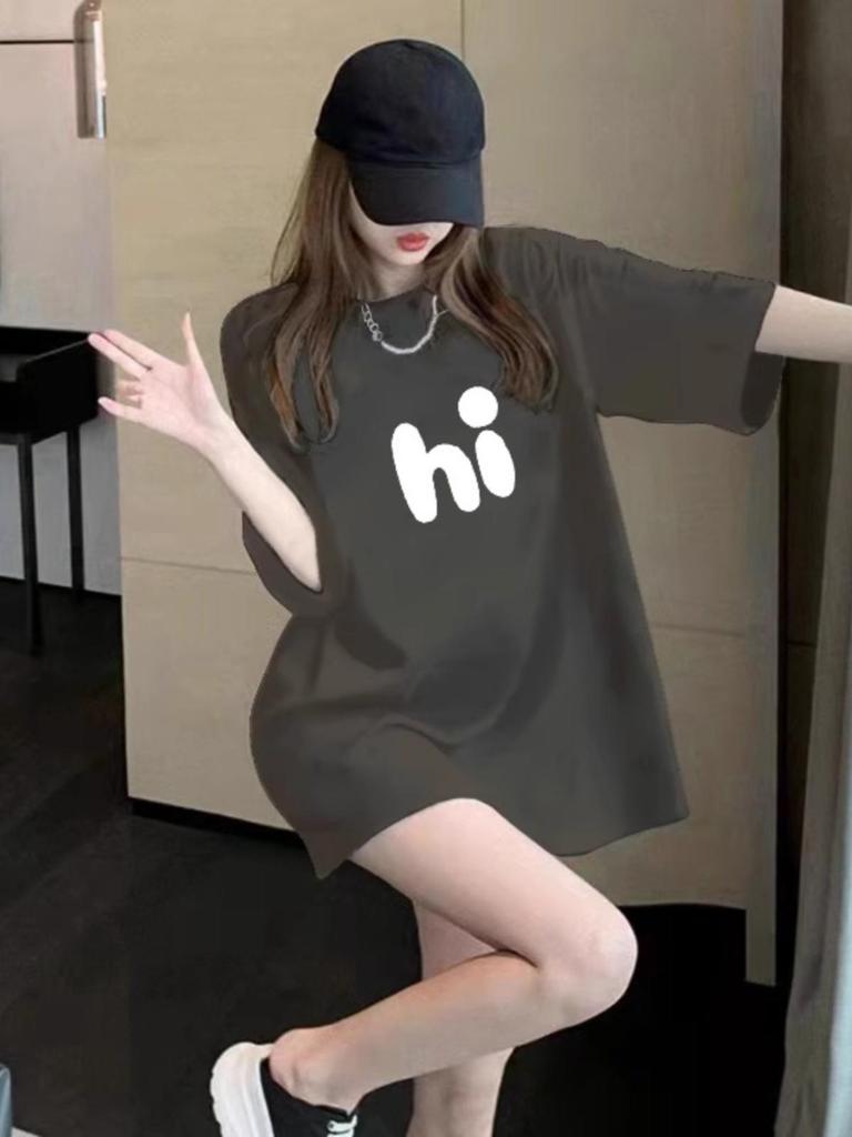 Women's Black Mid-Length Pure Cotton T-Shirt - Short Sleeve, Loose Fit, Plus Size, Summer Top