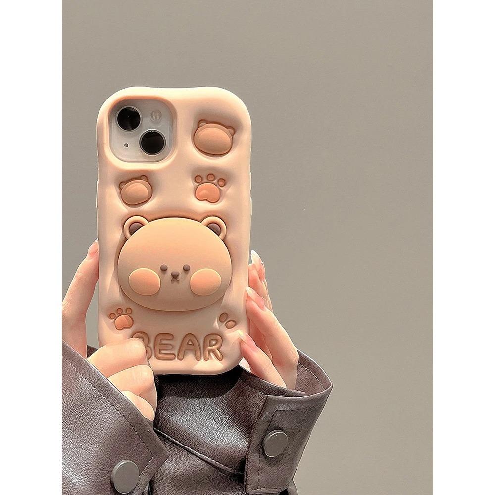 Lovely 3D Bear Hidden Holder Stand Silicone Phone Case For iPhone 11 12 13 14 15 16 Pro Max XS XR X 7 8 Plus Cute Girl Cover