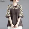 ZANZEA Women Casual Round Neck Print Splice Loose Half Sleeve Blouse