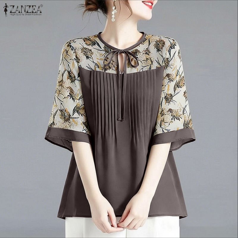 ZANZEA Women Casual Round Neck Print Splice Loose Half Sleeve Blouse