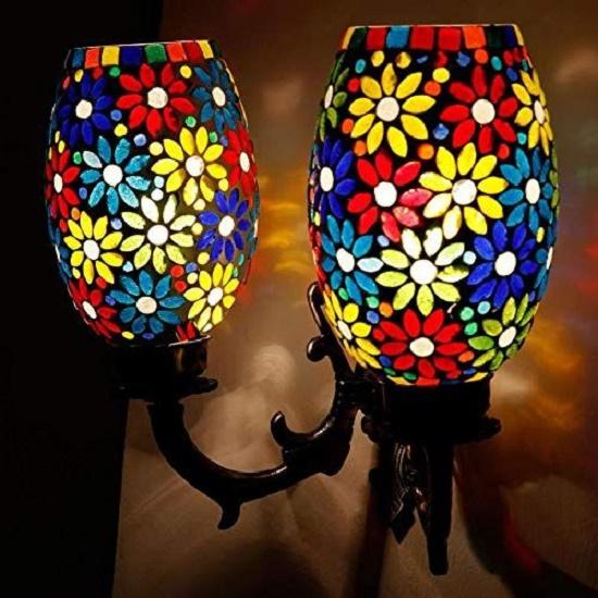 Handcrafted Double Dome Flower Design Glass Wall Lamp, Multicolour