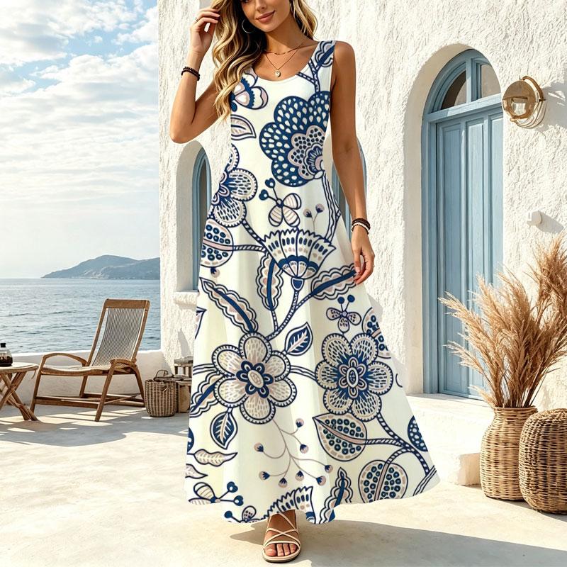 Sleeveless Long Floral Dress Fresh Blue White Pattern,Relaxed Fit,Lightweight,Perfect for Beach Vacation & Daily Casual,Versatile & Stylish