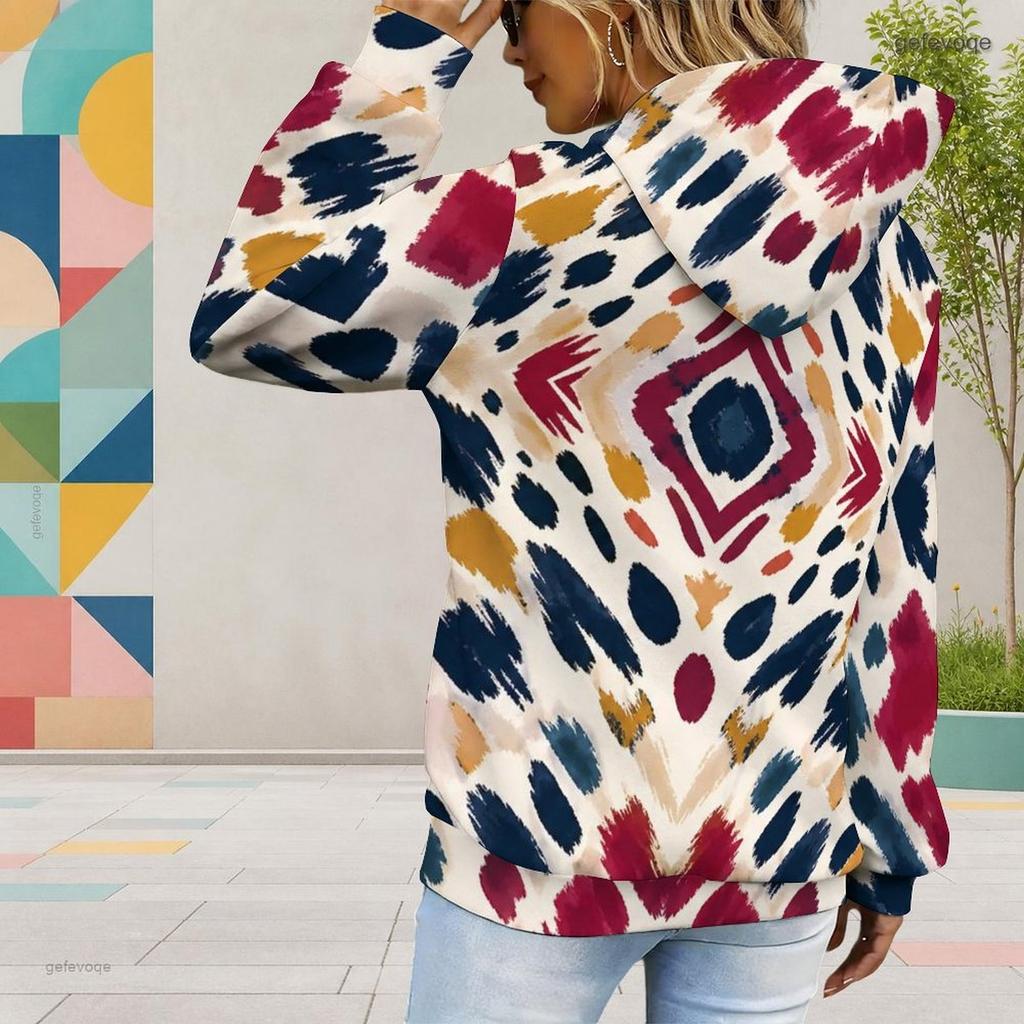 Women Plus Size Abstract Watercolor Printed Long Sleeve Drawstring Hoodie With Kangaroo Pocket