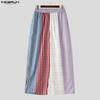 INCERUN Men's Patchwork Wide Leg Trousers Casual Loose Striped Plaid Pants Harajuku Streetwear Elastic Waist Bottoms
