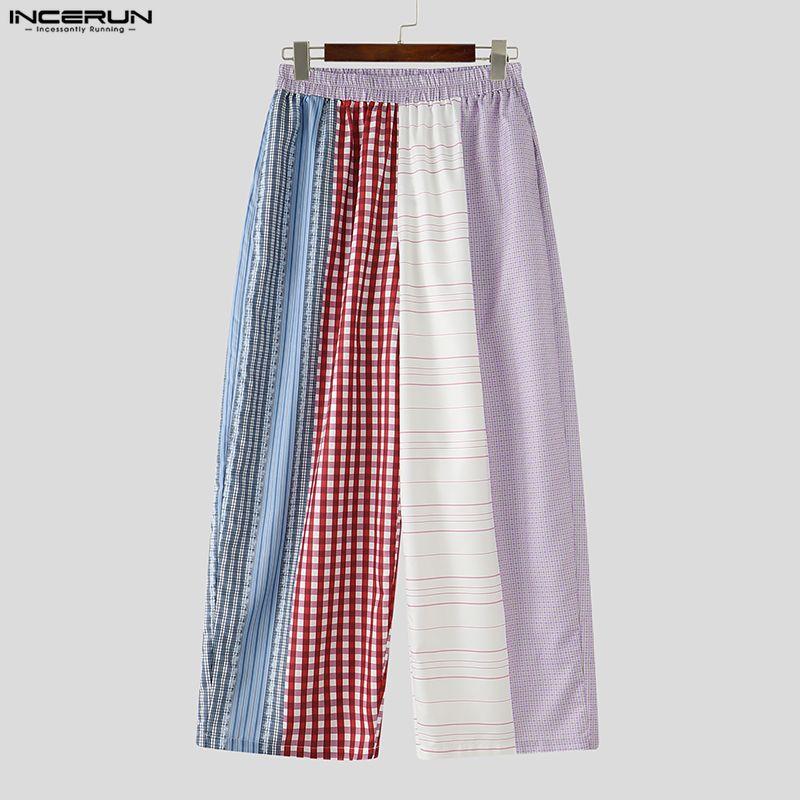 INCERUN Men's Patchwork Wide Leg Trousers Casual Loose Striped Plaid Pants Harajuku Streetwear Elastic Waist Bottoms