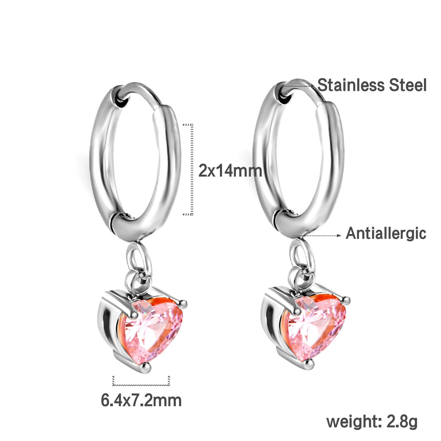 Women s Fashionable New Round with Heart-Shaped Pink Diamond Earrings Cubic Zirconia Steel Stainless Steel Jewelry