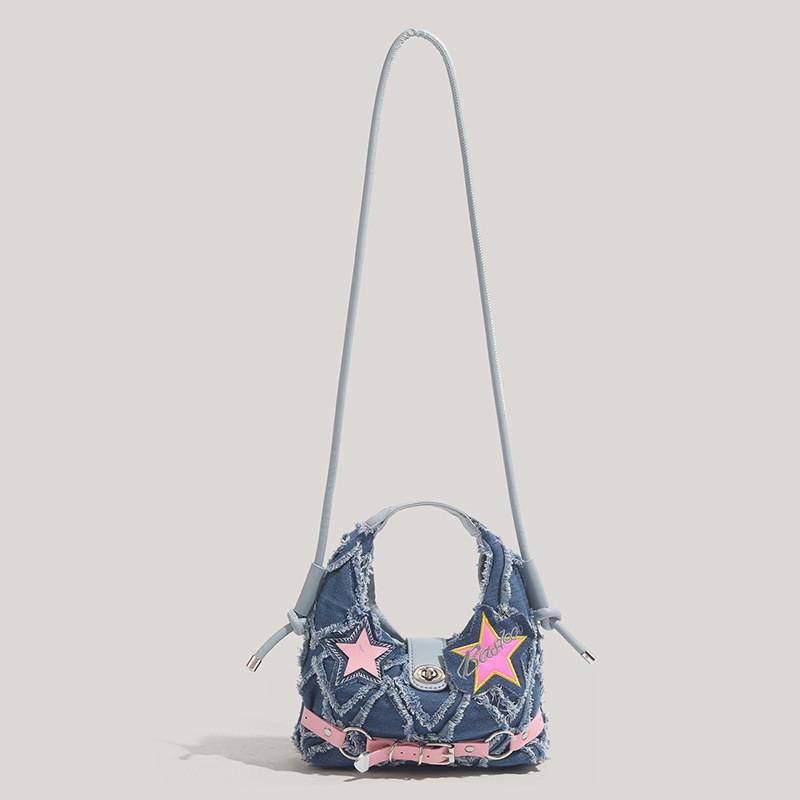 Denim Moon Bag For Women With Puncture Design And Star Punk Style For Daily Use
