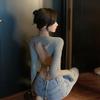 Sexy backless tie-up light ripe style top Hong Kong flavor ins solid color tight navel short navel long-sleeved T-shirt women