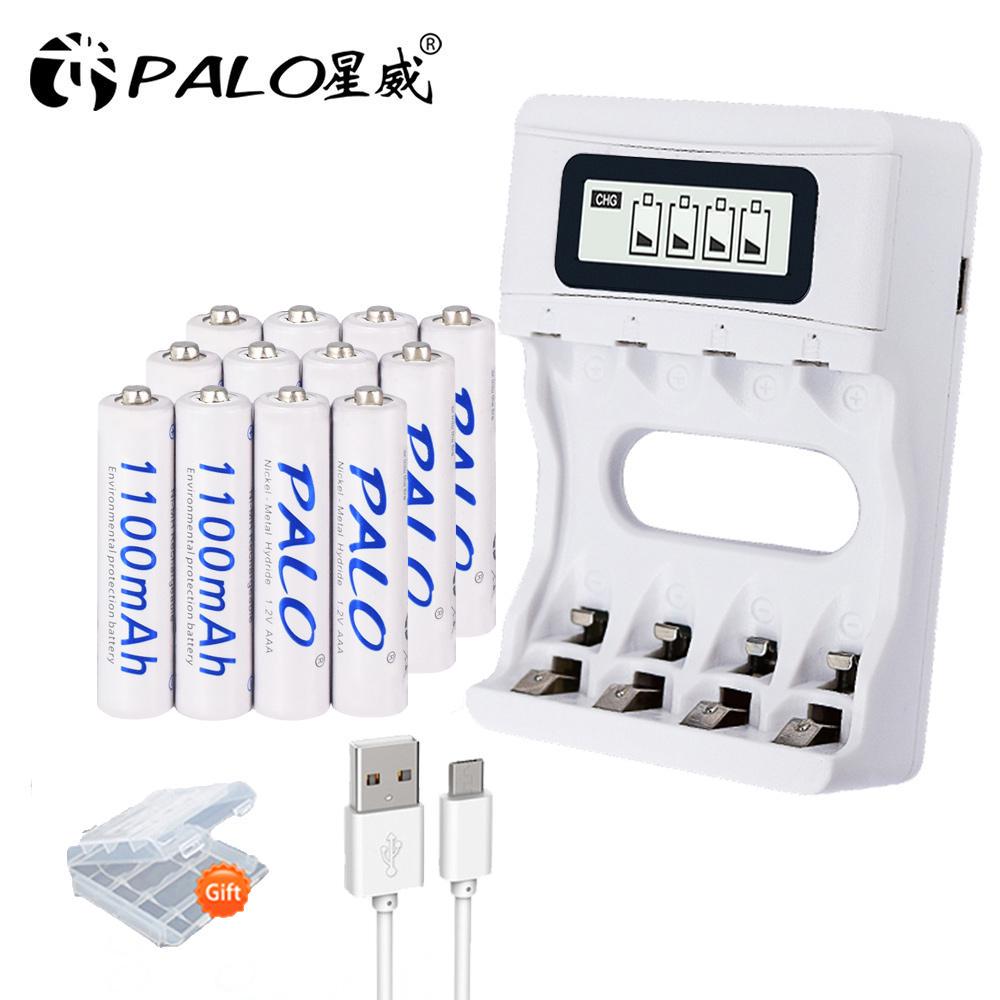 PALO 4-12pcs AAA 3A rechargeable battery ni-mh 1.2V 1100mAh + 4 slots USB smart fast charger for AA AAA battries