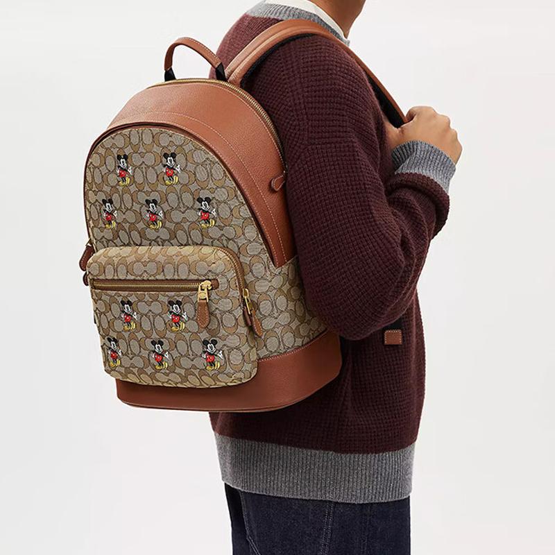 Coach X Disney Collaboration Classic Monogram Mickey Print Zipper Closure Fabric And Leather Backpack Large Unisex Backpacks Khaki Brown CL950-B4KM