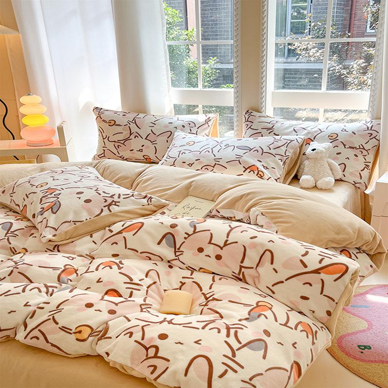 Winter milk fleece four-piece set thickened warm high gram weight double-sided fleece printed double-spell design bed sheet quilt cover